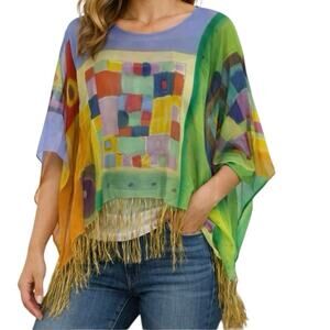 Sheer Colorful Boho Poncho Top Fringe Hem Festival Beach Cover Up One Size